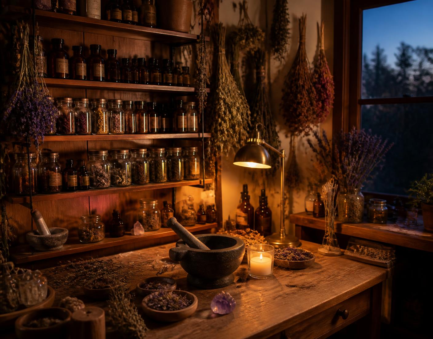 A warm apothecary workspace with amber dropper bottles, dried botanicals and candlelight