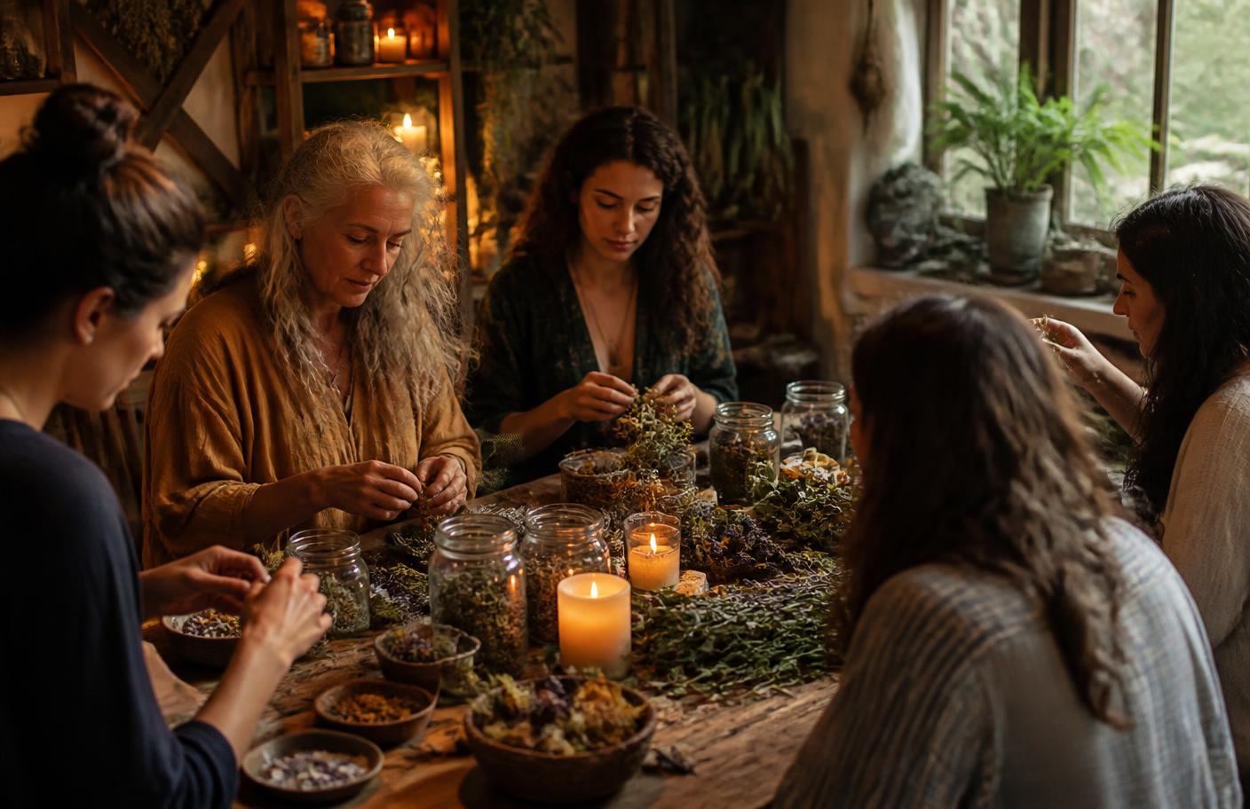 A small herbal workshop gathered around a table of fresh flowers, bowls of water and glass bottles