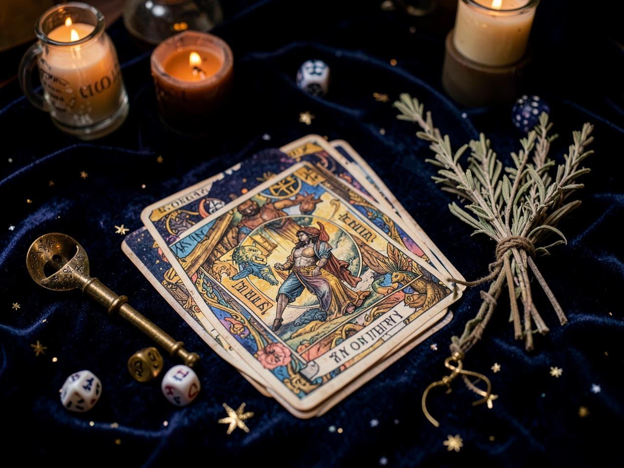 Tarot cards, a brass pendulum, runes and astrology dice laid on indigo velvet by candlelight